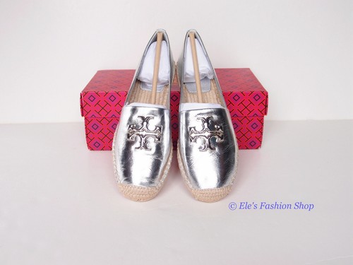 NIB Tory Burch Eleanor Logo Espadrille Leather Flat Metallic Silver US 8.5 AUTH - 第 7/15 張圖片