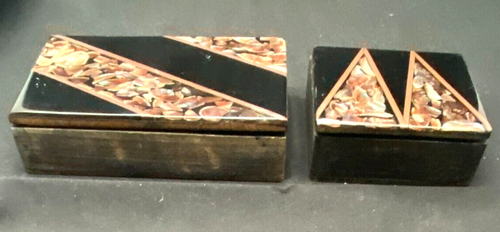 VTG SET OF TWO LACQUERED WOOD & ORGANIC SEASHELLS JEWELRY TRINKET BOXES c1970 vg - Picture 1 of 7