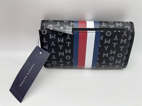 Tommy Hilfiger Black Grey Letter Name Silver Logo Flag Color TriFold Wallet - Picture 4 of 9