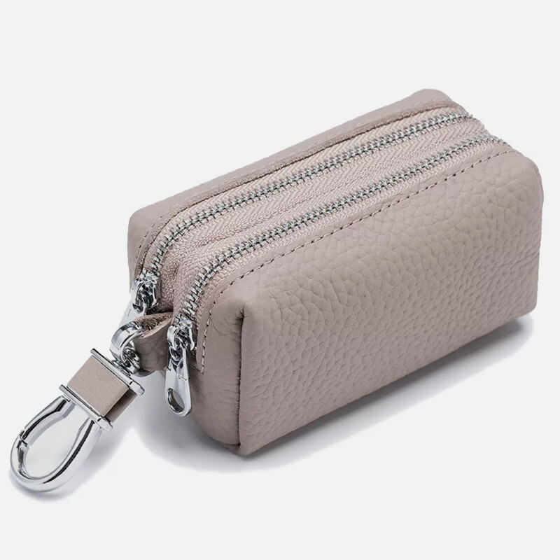 Elonglin Genuine Leather Car Key Case - Double Zipper Key Holder With Clear Window, Coffee Color - View #4
