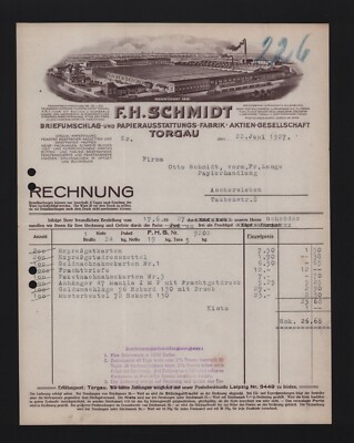 TORGAU, Rechnung 1927, F. H. Schmidt Briefumschlag Papierausstattungs-Fabrik AG