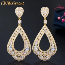 Cubic Zircon Crystal 18k Gold Long Water Dangle Drop Hoop Earrings For Women 