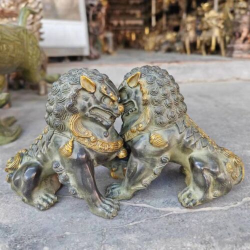 Antique old Bronze Lions Door Fengshui Guardion Fu Foo Dogs Lion Statue Pair - Picture 5 of 5