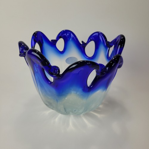 Vtg Murano Cobalt Blue Bowl Console Wave Trim White Crystal Deco Art Glass Italy - Picture 4 of 8