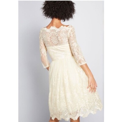 tea length ivory lace wedding dress Ivory Lace A-line Tea-length Short Wedding Dresses, Bridal Gown, MW631 main image 1