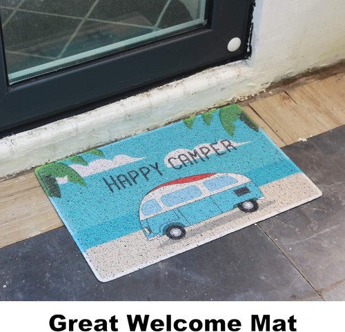 Happy Camper RV Door Mat 24x16" Blue Beach Welcome Mat Non-Slip Waterproof Sand - Picture 4 of 6