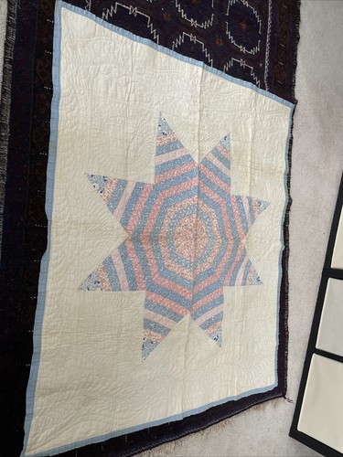 GORGEOUS ANTIQUE Hand Stitched STAR QUILT~DUTCH Cotton FunkTracKs-36x42SEE - Picture 2 of 10