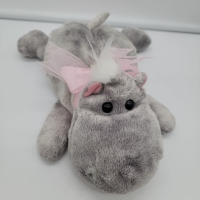 RARE Chosun 9  Laying Plush Hippo Grey Stuffed Animal Rose Bow Floppy Lovey Pink