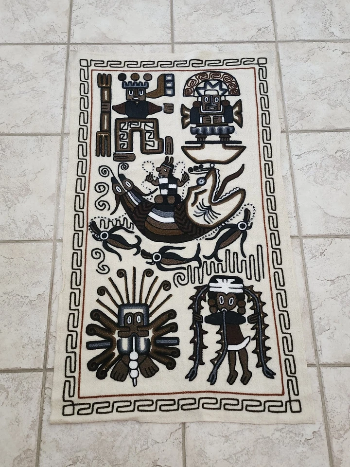RARE Crewel VINTAGE Fisher & Gods South American Latin Folk Art Tapestry 3ft 8in - Image 2 of 4