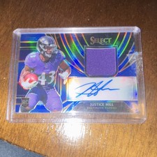 Justice Hill RC Auto Patch /75 2019 Panini Select Blue Prizm Ravens Rookie