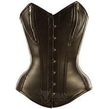 Women  s Black Genuine Leather Overbust Steel Boned Zip Detail Waist Corset