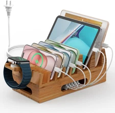 Bamboo Charging Station Holder with 5 Port USB Charger, 5 X Charge Cables, Watch