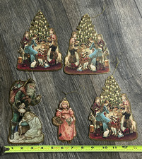 Vintage Cardboard Christmas Ornament Die Cut Cutouts 5pc Lot Double Sided Flat