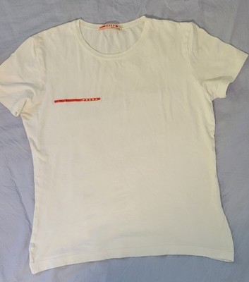 PRADA White Red Logo Stripe Crew Neck Short Sleeve Jersey T-Shirt Size S