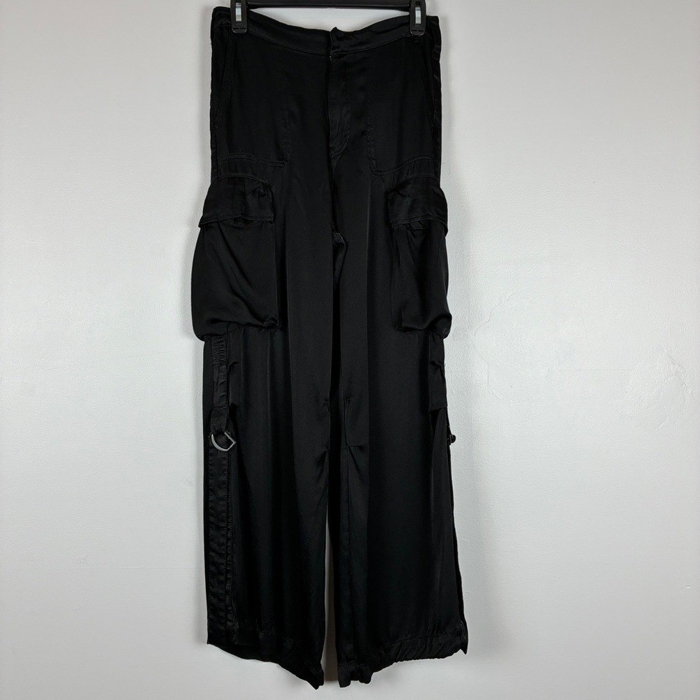 Zara Womens XS Black Satin Cargo Pants High Rise Wide Leg Goth Streetwear thumbnail 3