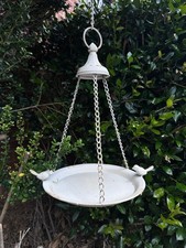 Hanging Bird Feeder Tray Perched Birds White Metal Antique Style Cottage Decor