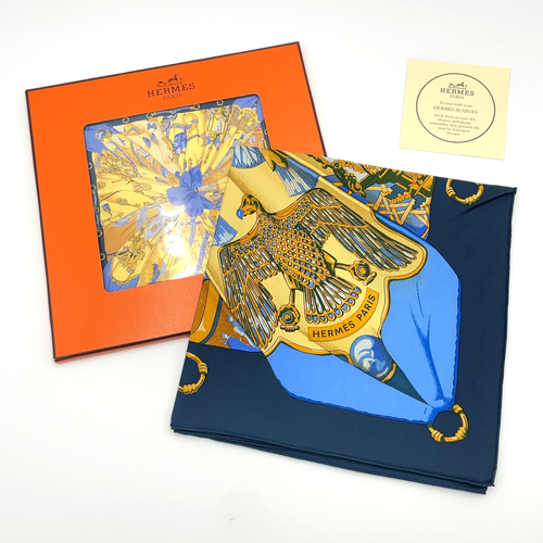 Auth Hermes Carré 90 Soleil de soie Blue x Multicolor Silk Scarf W/Bag SK040269