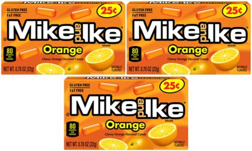 3x Mike & Ike Chewy Orange aromatisierte Süßigkeiten 22g gluten- & fettfreie Süßigkeiten - Bild 1 von 4