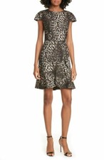 NEW Alice + Olivia Leopard Cheetah Print Gold Brown Ruffle Hem Mini Dress Size 6