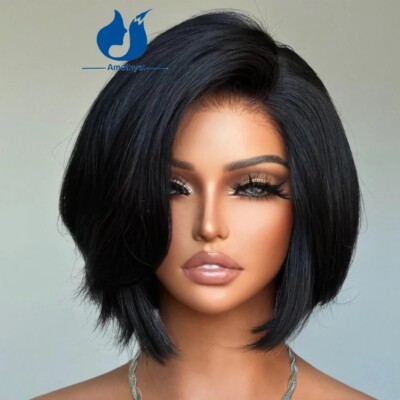 Natural Layered Cut Short Bob 13x6 Lace Front Human Hair Wigs With Side Bangs