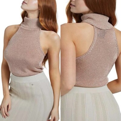 GUESS Womens Gold Embellished Sleeveless Halter Top Size S