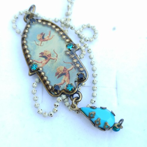 Michal Negrin Necklace Sky Blue Cupid Angels Hamsa & Swarovski Crystals Gift Box - 第 13/15 張圖片