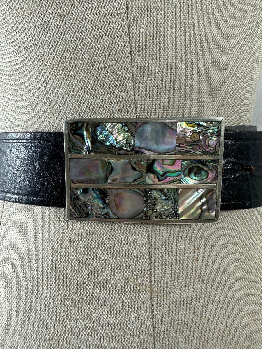 Stunning vintage buckle belt with abalone inlay and leather 