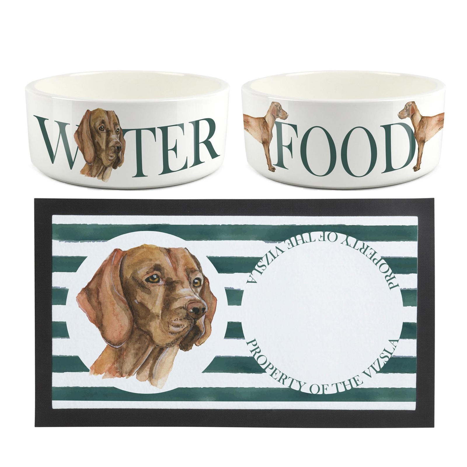 Vizsla Dog Bowls & Mat Set - Large White Ceramic Food/Water Dish Gift