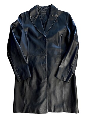 COLEBROOK Classic Long Leather Dress Coat Trench w/ White Thread Stitching L