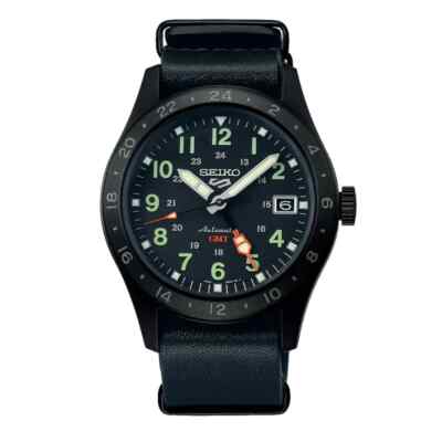 Seiko 5 Sports Automatic GMT Black Dial Leather Strap Watch SSK025