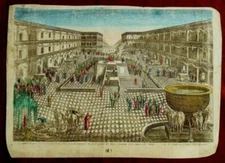 Original 18th C, Hand Painted Copper Engraving: "Succoth Festival in The Temple"