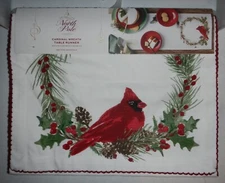 North Pole Christmas Holly Berry Cardinal Wreath Table Runner 14" x 72"