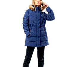 Just Hype Navy Faux Fur Trim Fitted Padded Coat. Size - 6