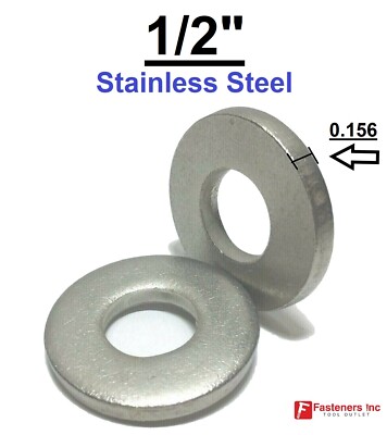 1/2'' Extra Thick (.156) Flat Washers 18-8 Stainless Steel Washer (Choose Qty)