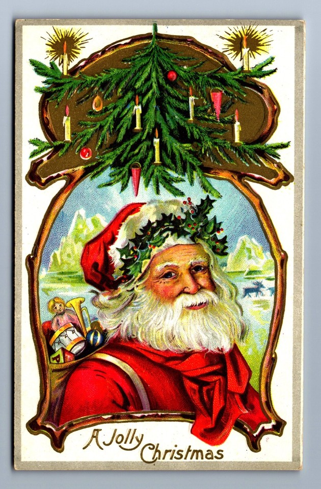 C.1910 SANTA CHRISTMAS TREE, CANDLES, BAG TOYS, DOLL, BUGLE, GILT