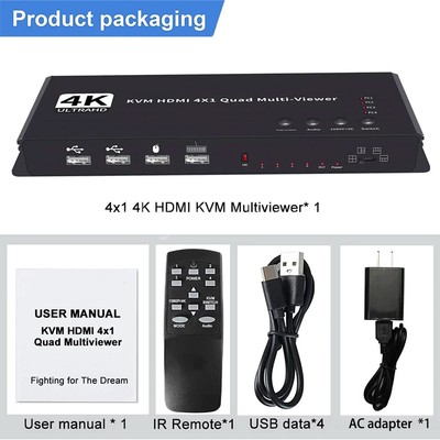 4K HDMI Multi-Viewer 4x1 HDMI Quad Screen Multiviewer KVM Switch for 4 PC Share