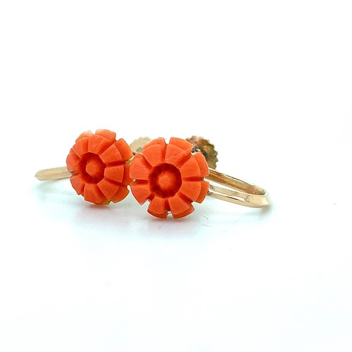 Vintage 18K Rose Gold Orange Coral Hand Carved Flower Screw Clip Earrings - Picture 8 of 11