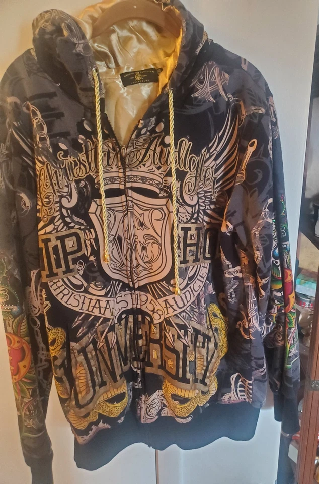 ¡EXCELENTE! Christian Audigier Sudadera con Capucha Chaqueta Calavera Bling Hip Hop XL  Foto 2 de 4