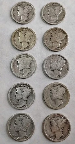 Mercury Dimes Lot Of 10 90% Silver 1 Face 1920 - 1929 Various Dates & Mints #23