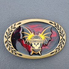 Vtg Harley Davidson Aminco Brass Belt Buckle Red Swirl Enamel Skull Bat Wings