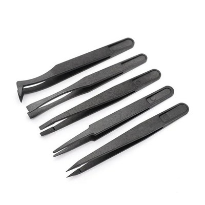 5-teiliges Kunststoff-Präzisions-Pinzetten-Set, schräge flache Spitze Pinzette spitz/gebogene Spitzen