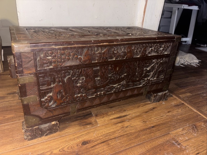 Hand Carved Hong Kong Wooden Trunk. Made In Hong Kong Kwong Wah Camphor wood