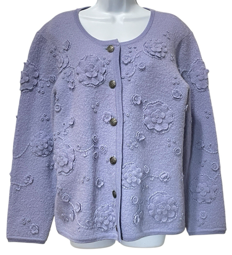 Appleseeds Cardigan Women Sz L Blue Wool Applique Floral Grannycore Warmth Work - Picture 3 of 13