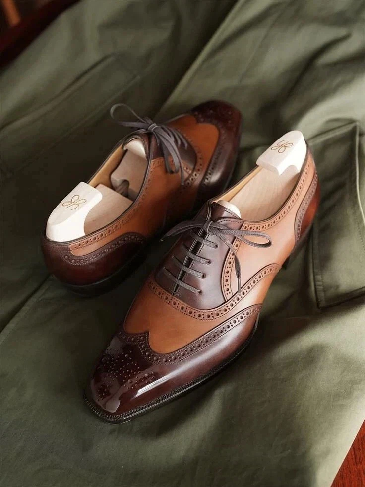 Handmade Men's Two Tone Leather Oxford Wingtip Brogue Formal Party Wedding Shoes