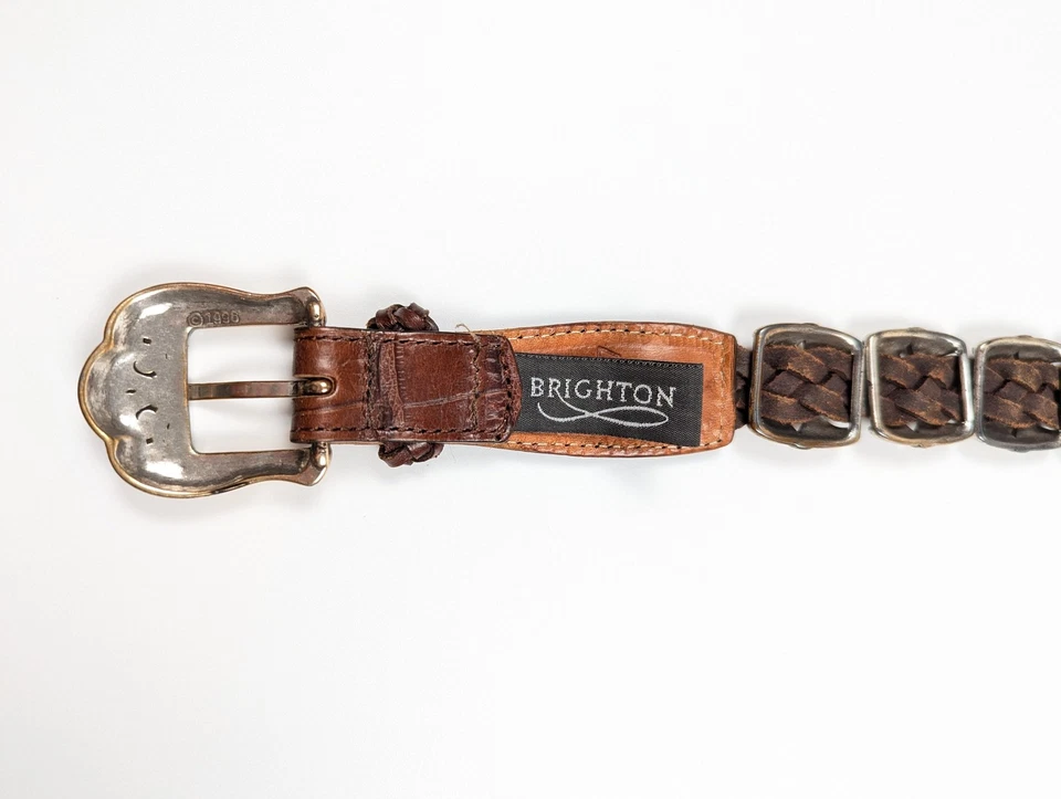 Brighton Brown Braided Leather Belt Silver Brass Scroll Buckle Western Size M - Image 3 of 4