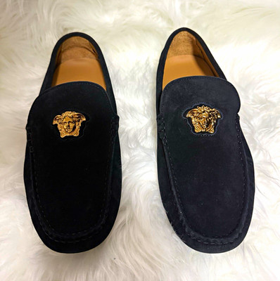 Versace Medusa Men's Black Suede Slip-On Loafers EU 41 Leather Insole