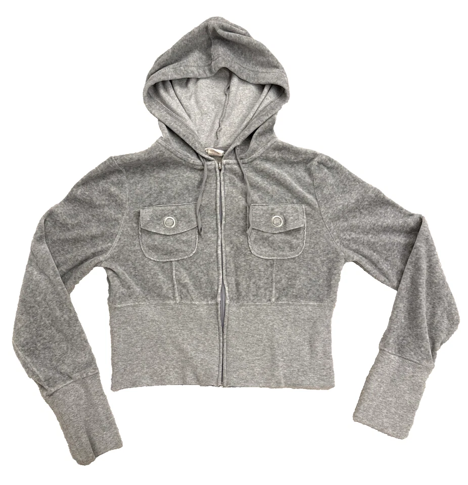 复古 Y2K 2000 年代蓝色时尚灰色裁剪腰丝绒连帽衫 L 大号 — 第 2/4 张图片