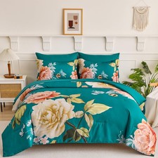 Floral Comforter Set Queen Size 7 Pieces Bed in a Bag, Teal Blue Floral Bedding