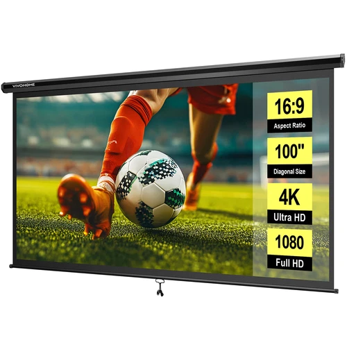 100" Pull Down Projector Screen 16:9 HD 4K Retractable Home Movie Theater Office