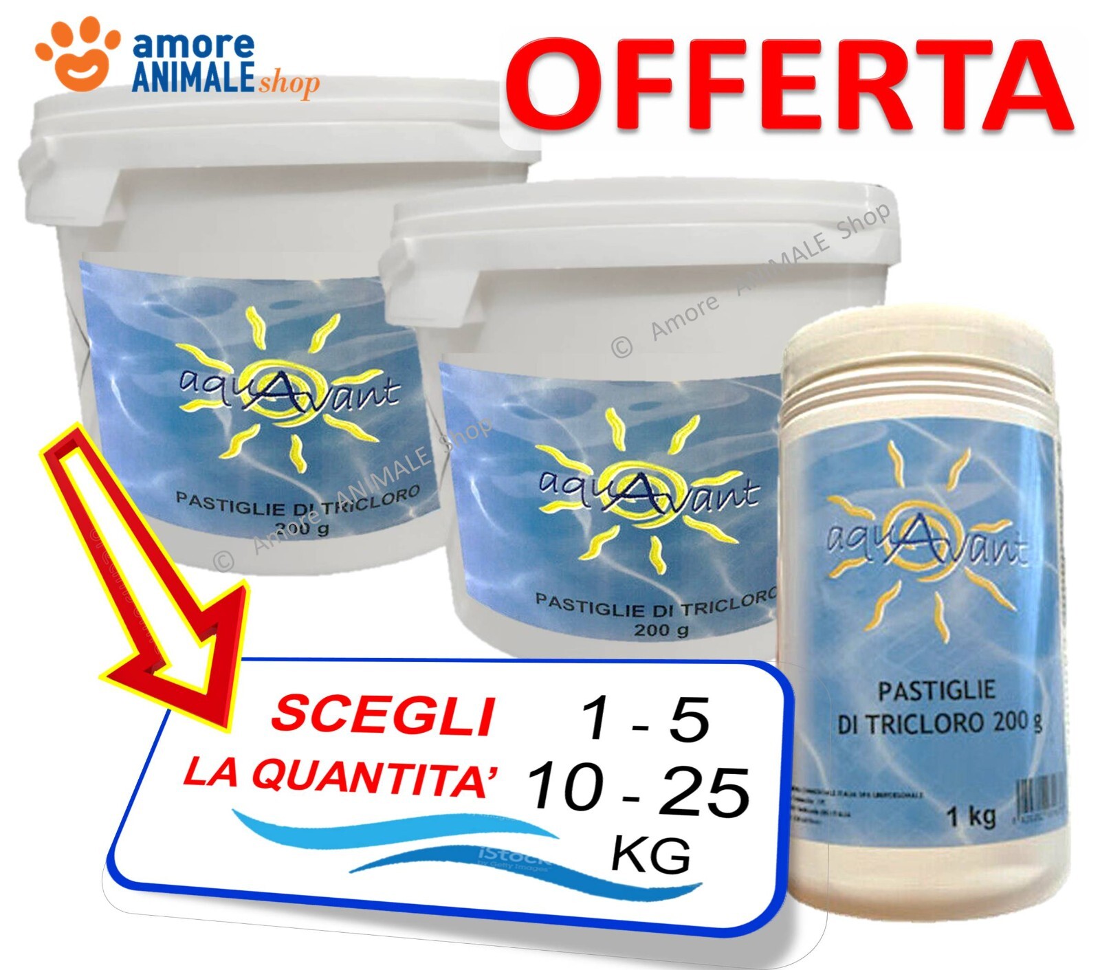 Aquavant TRICLORO 90% Pastiglie 200 gr → 1 / 5 / 10 / 25 kg Cloro Lento Piscina
